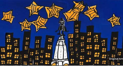 An artistic graphic of the Philadelphia skyline at night with stars above the statue of William Penn, designed by Wendy Moreno, an artist with a disability who is local to Philadelphia.