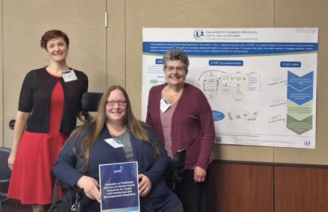 Dr. Jessica M. Kramer, Destiny Watkins, and Dr. Joan B. Beasley standing in front of a telehealth study poster.