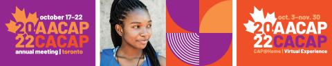 AACAP 2022 conference banner featuring a smiling woman with long braided hair along with purple and orange lettering and graphics