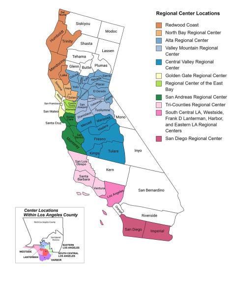 Map of California with multiple colors shading in counties with START programs