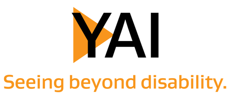 YAI logo featuring an orange triangle and the slogan "Seeing Beyond Disability"