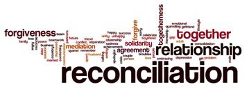 Reconciliation word cloud featuring the words relationship, together, forgiveness, and reconciliation