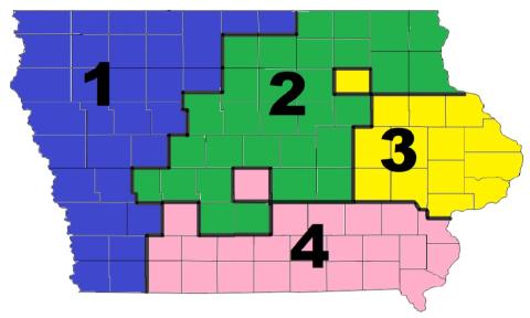 County level map of the state of Iowa with 4 distinct regions highlighted in blue, green, yellow, and pink