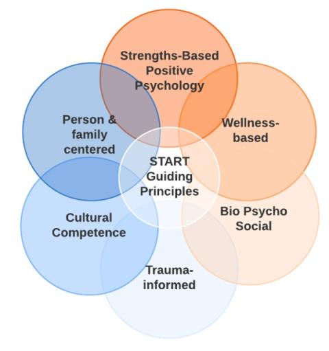 START Guiding Principles - A flower-like venn diagram. The center is START guiding principles, with the following outside circles: strengths-based positive psychology, wellness-based, biopsychosocial, trauma-informed, cultural competence, and person & family centered.