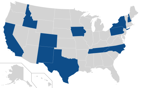 Map of the United States showing states with START programs in blue: California, Colorado, Idaho, Iowa, New Hampshire, New Mexico, New York, North Carolina, Pennsylvania, Tennessee, Texas.